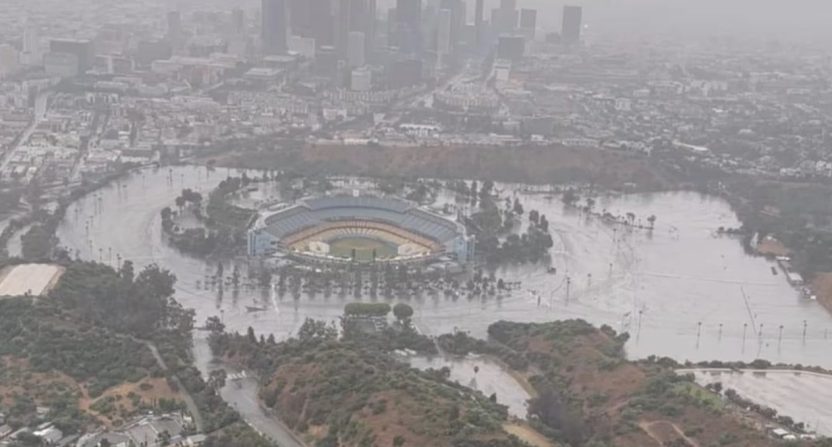 Dodger Stadium flooded.