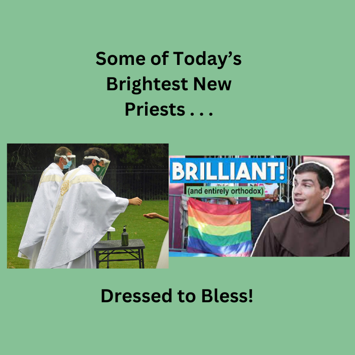 Jesuit priest in costumes and Friar Casey Cole.